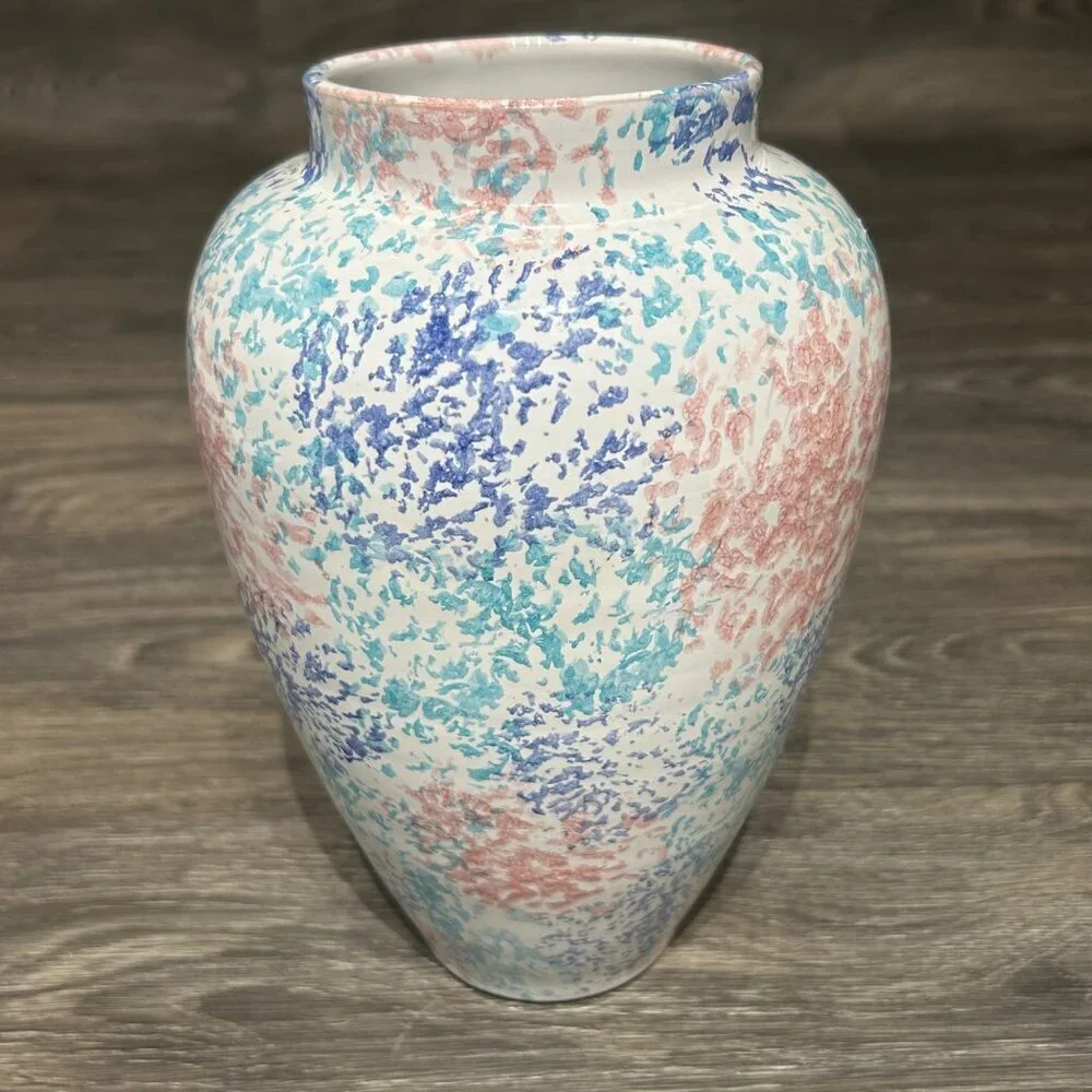 Vintage Pier 1 Italy Spongeware Ceramic Vase 10″ Pastel Speckled Home Decor 90's